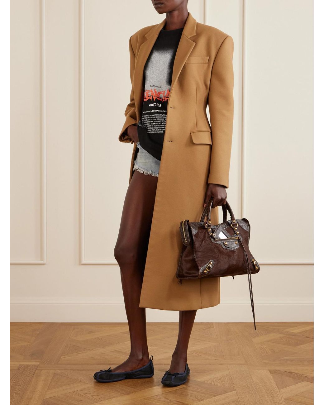 Balenciaga Brown Le City Crinkled Leather-Trimmed Pony Hair Shoulder Bag