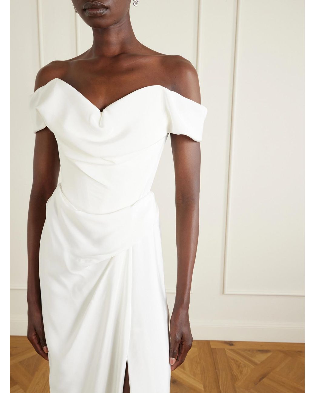 Vivienne Westwood White Mabel Off-The-Shoulder Draped Silk-Cady Gown