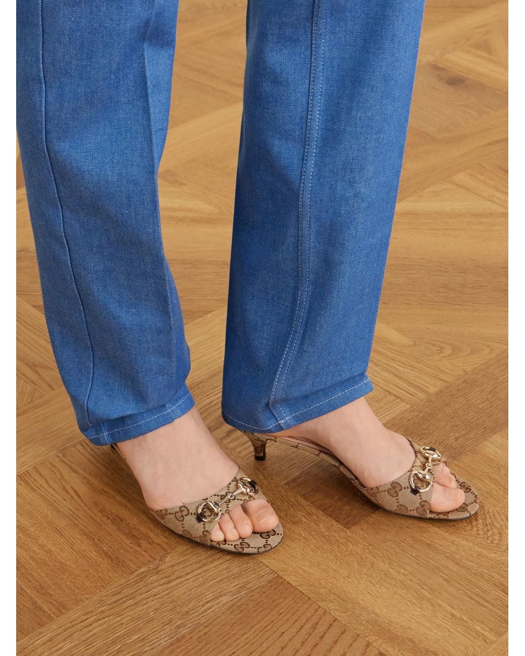 Gucci Natural Horsebit-Embellished Canvas-Jacquard Sandals