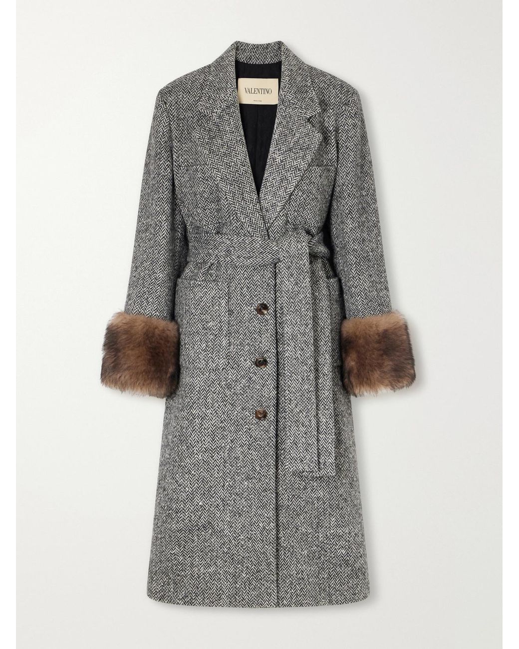 Valentino Garavani Gray Belted Shearling-Trimmed Herringbone Wool-Blend Coat
