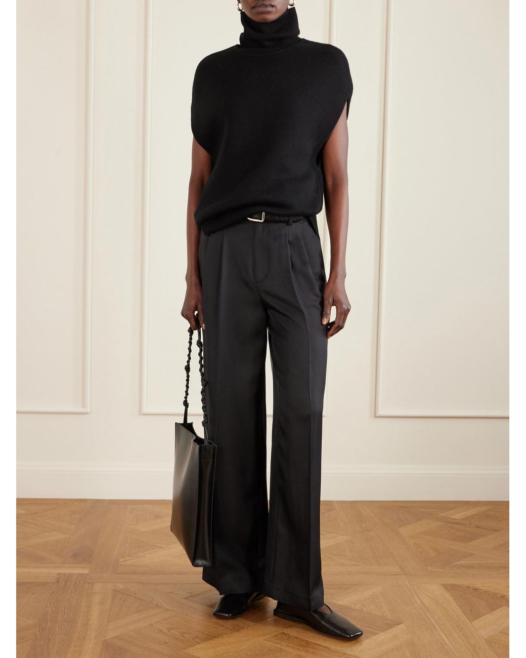 Lisa Yang Black Pleated Silk-Twill Wide-Leg Pants
