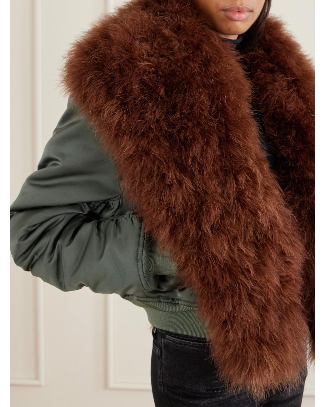 Gucci Brown Gathered Feather-Trimmed Silk-Duchesse Jacket