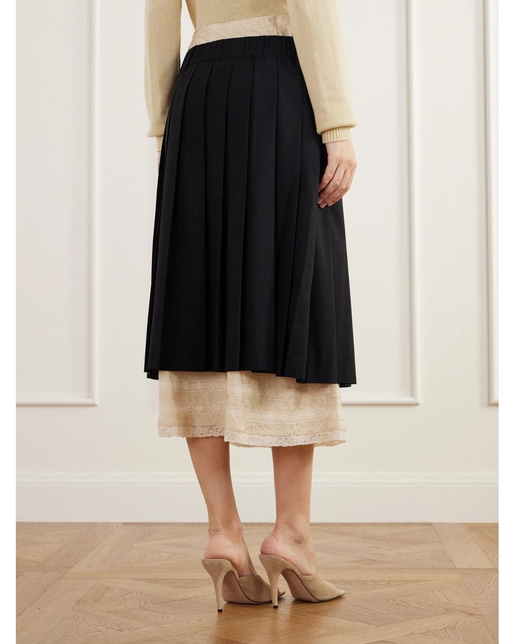 Sea Blue Kathleen Lace And Floral Jacquard-Trimmed Pleated Crepe Midi Skirt