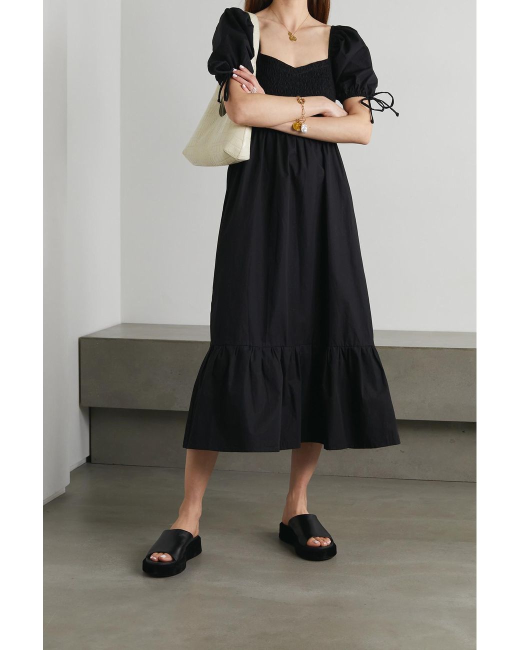 Faithfull The Brand + Net Sustain Lithana Shirred Cotton-poplin Midi Dress  in Black | Lyst