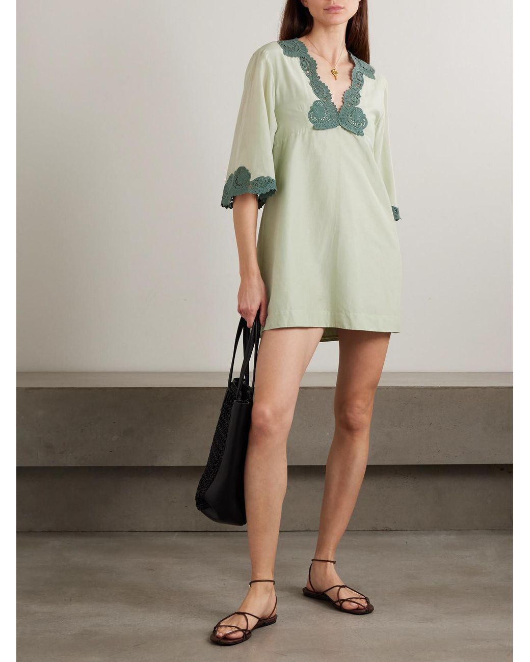 Posse Green Darya Lace-Trimmed Cotton And Silk-Blend Mini Dress