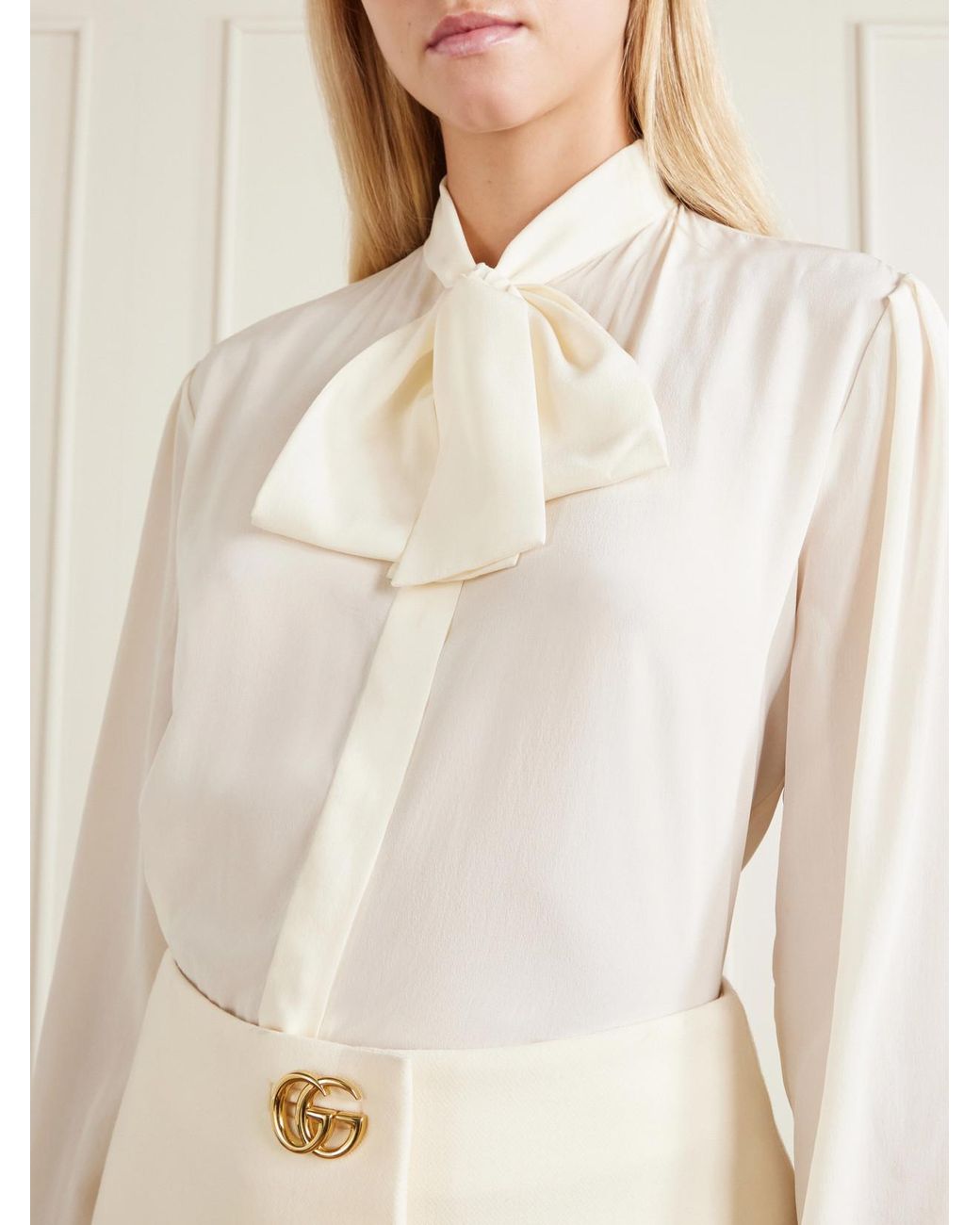 Gucci Natural Pussy-Bow Silk Crepe De Chine Blouse