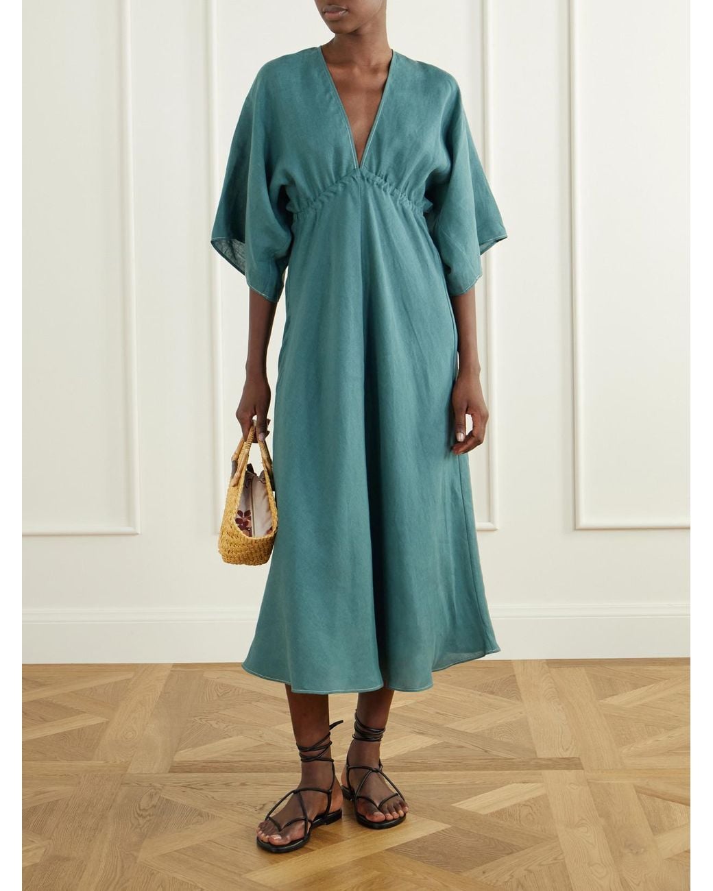 Eres Green Brilliance Gathered Linen Midi Dress