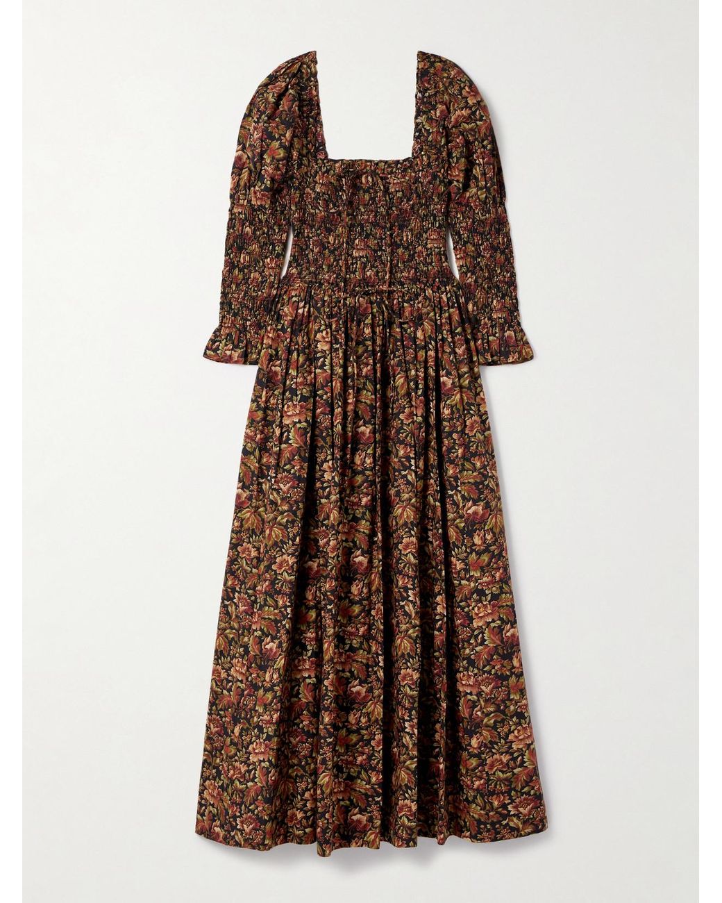 Doen Bijou Shirred Floral-Print Organic Cotton-Voile Midi Dress in Brown |  Lyst