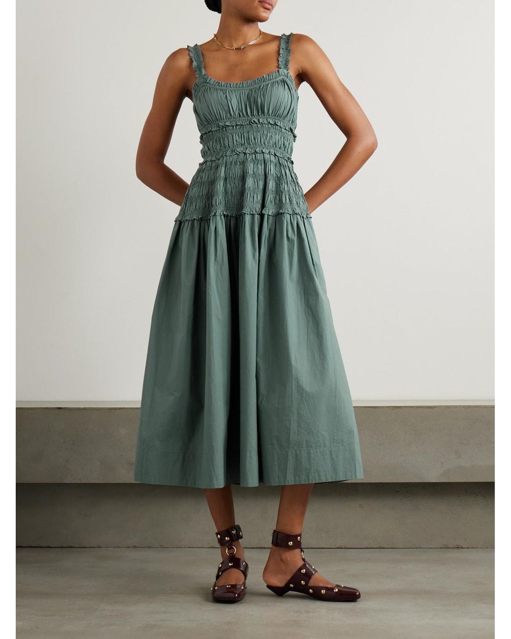 Doen Marianne Shirred Organic Cotton-Poplin Midi Dress in Green | Lyst Doen Marianne Shirred Organic Cotton-Poplin Midi Dress in Green | Lyst
