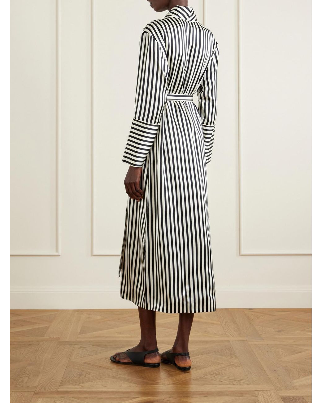 Olivia Von Halle White Nika Belted Striped Silk-Satin Robe
