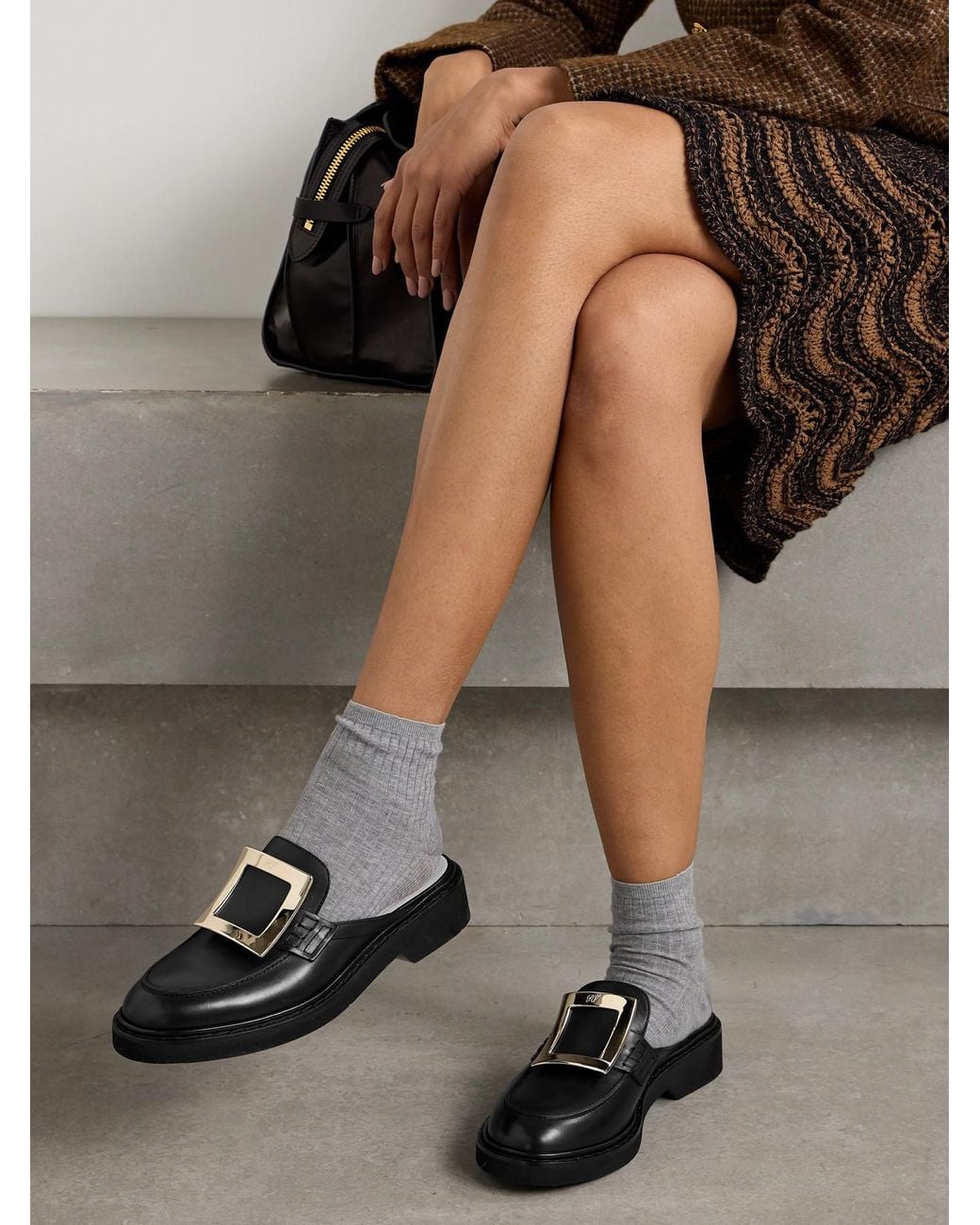 Roger Vivier Black Viv Rangers Embellished Leather Slippers