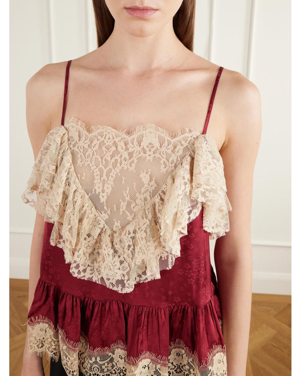 Sea Red Ethel Ruffled Lace-Trimmed Floral-Jacquard Satin Cami
