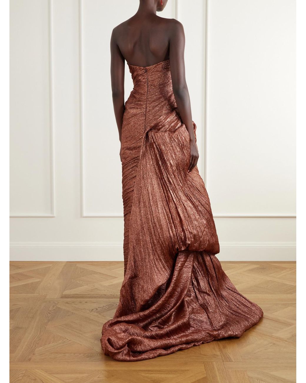 Marmar Halim Metallic Strapless Draped Brocade Wrap Gown