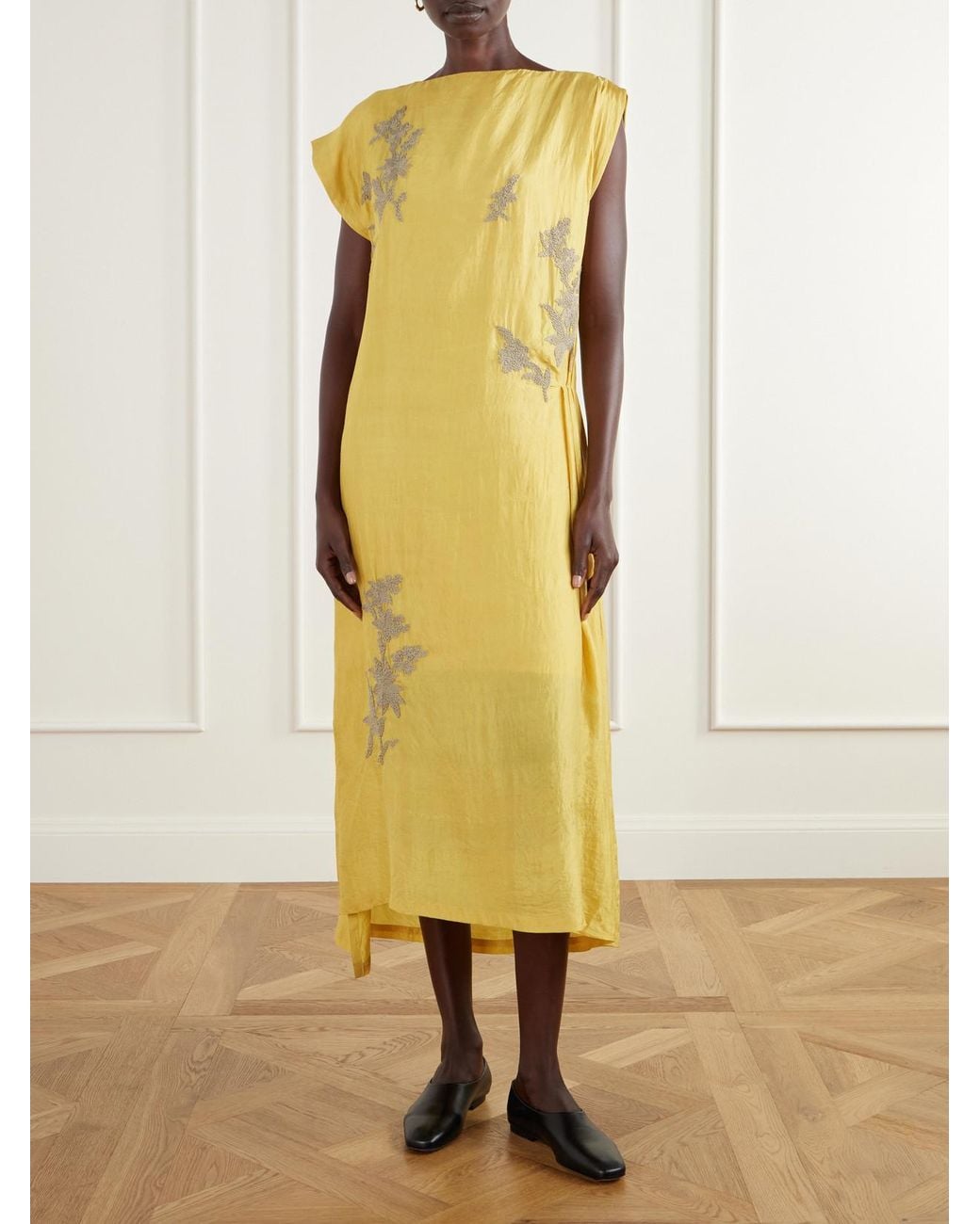 Kartik Research Yellow Embroidered Pleated Crinkled Silk-Dupioni Midi Dress