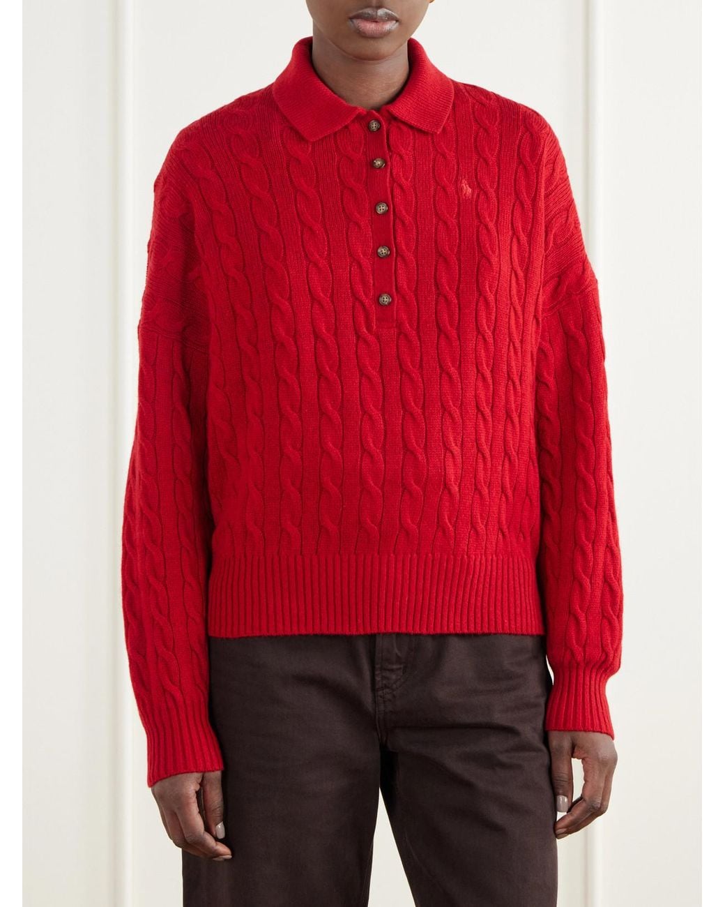 Polo Ralph Lauren Logo-Embroidered Cable-Knit Wool And Cashmere-Blend Polo Sweater
