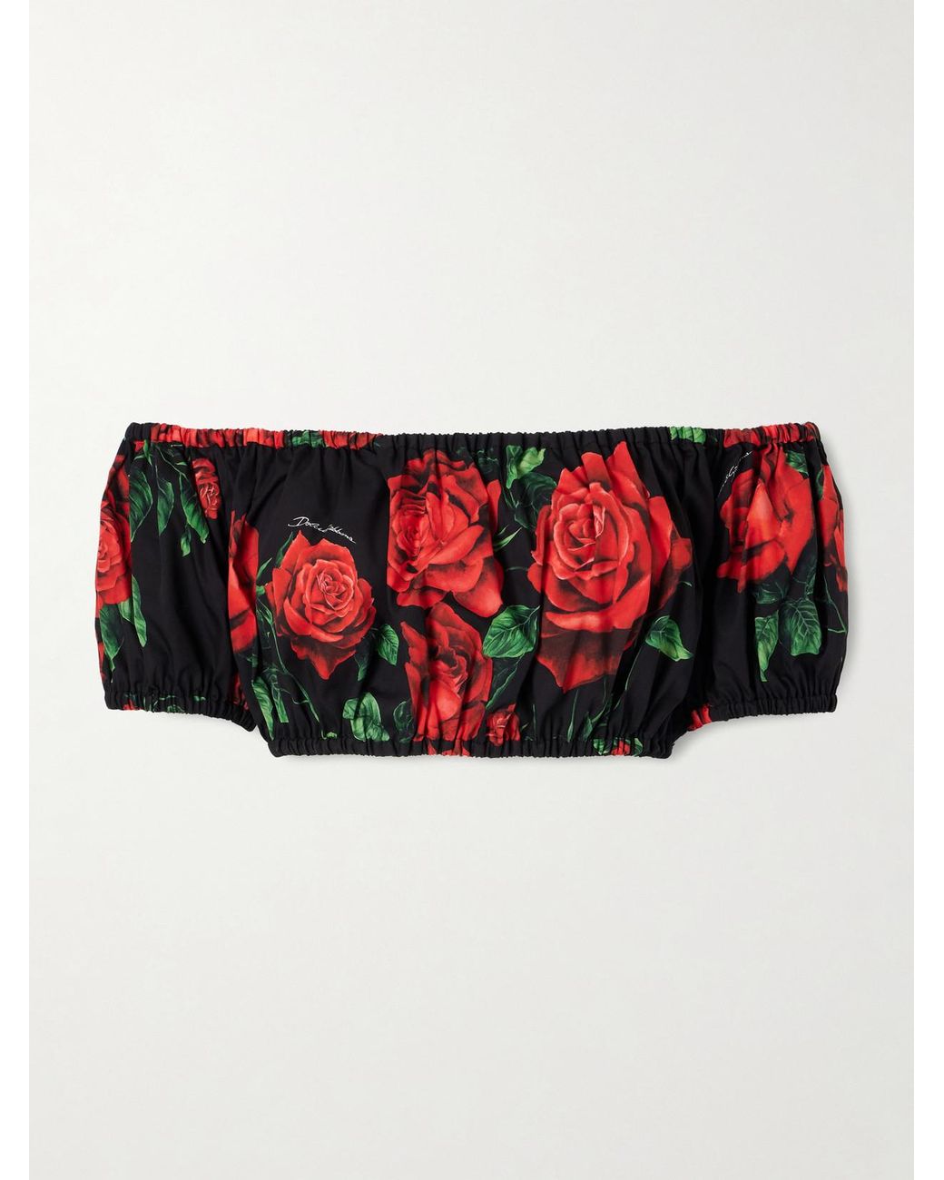 Dolce & Gabbana Red Off-The-Shoulder Cropped Floral-Print Cotton-Poplin Top
