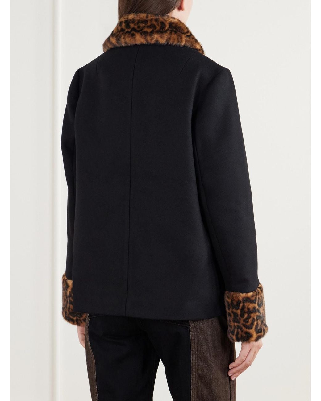 Rixo Black Aldith Leopard Plush-Trimmed Melton Wool-Blend Jacket