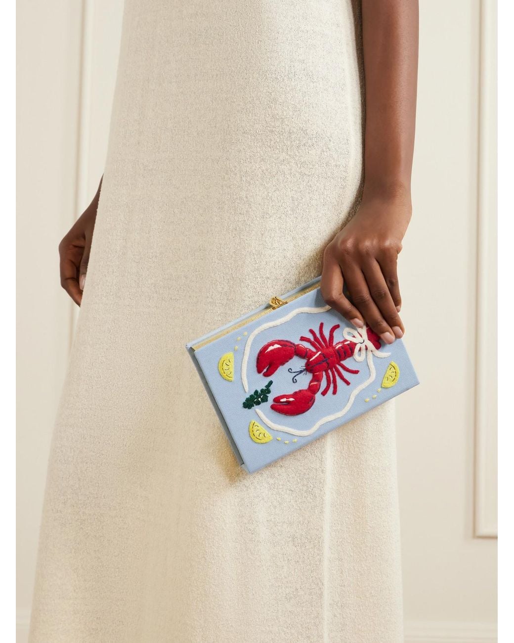 Olympia Le-Tan White Lobster Appliquéd Embroidered Canvas Clutch