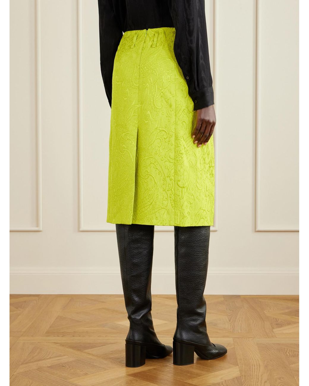 Dries Van Noten Yellow Paisley Motif Matelassé Jacquard Midi Skirt