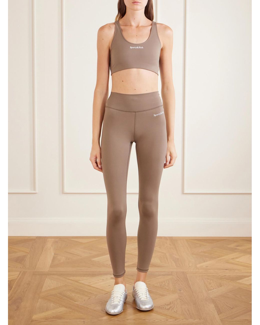 Sporty & Rich Natural Logo-Print Stretch-Jersey Sports Bra