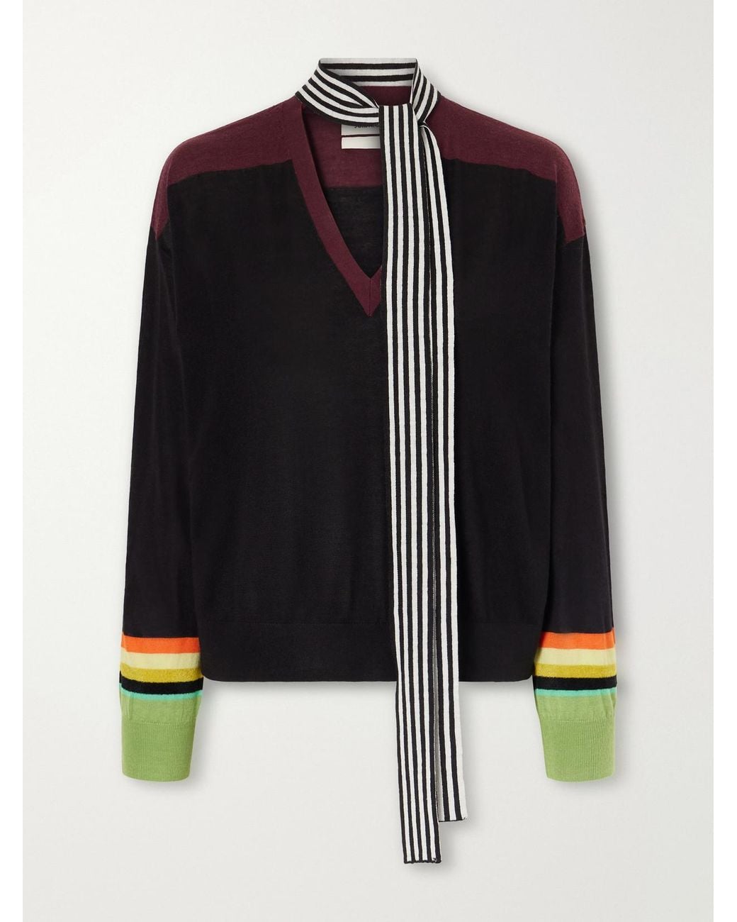 Christopher John Rogers Black Tie-Detailed Striped Wool And Silk-Blend Sweater