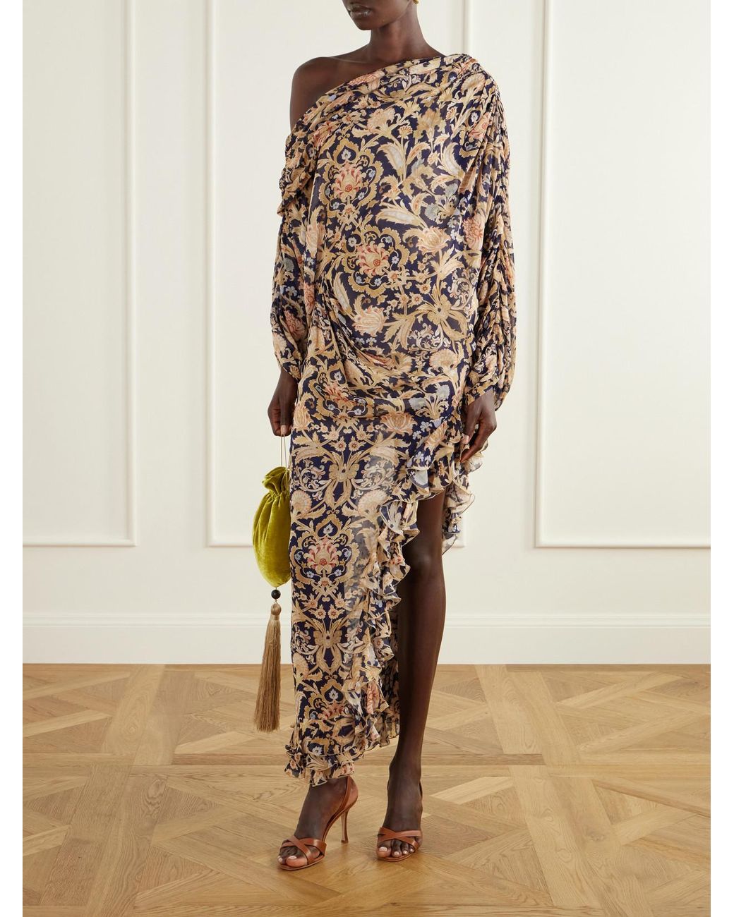 Zimmermann Natural Valiant One-Shoulder Gathered Printed Crepe Maxi Dress