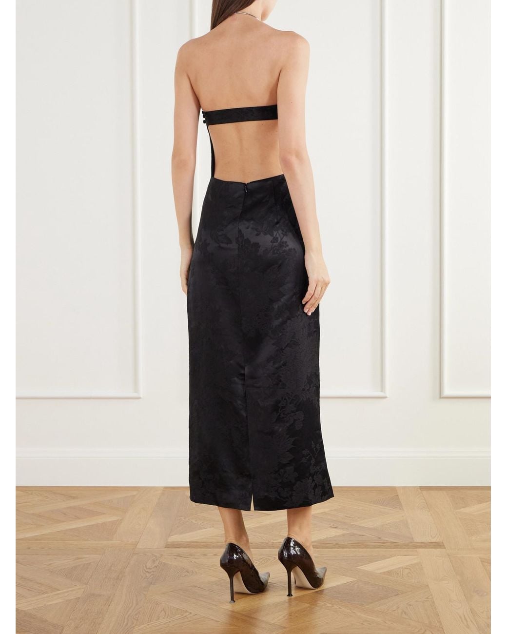 St. Agni Black Strapless Floral-Jacquard Wool And Silk-Blend Midi Dress