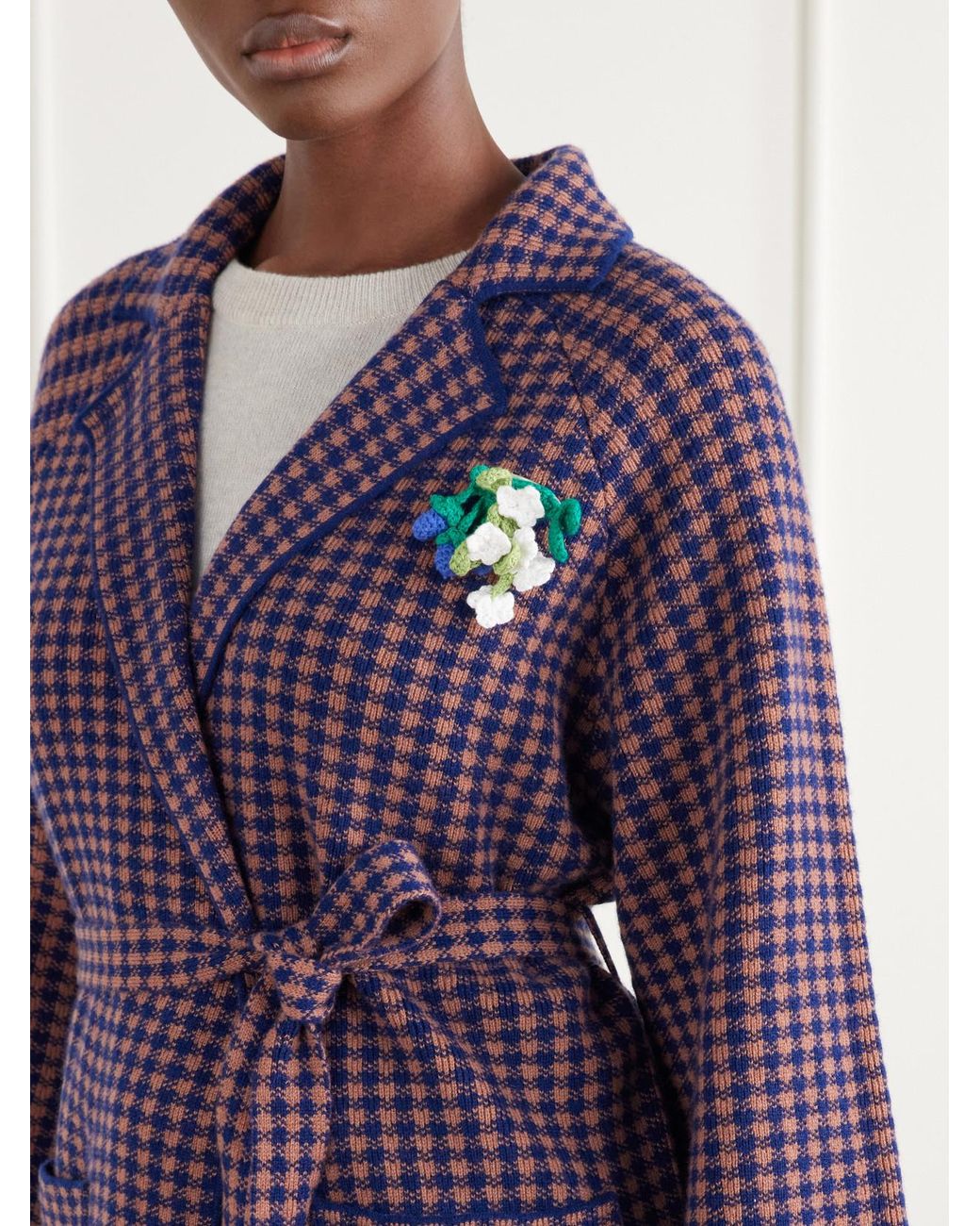 BERNADETTE Purple Kallas Checked Belted Floral-Appliquéd Cashmere Cardigan