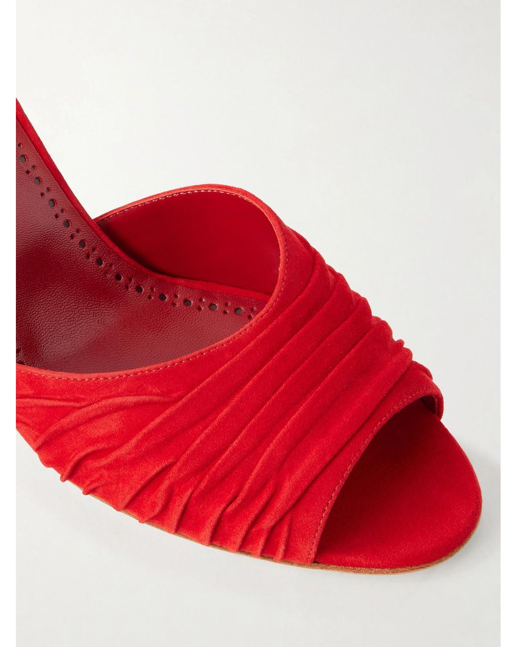 Manolo Blahnik Red Pirua 70 Ruched Suede Mules