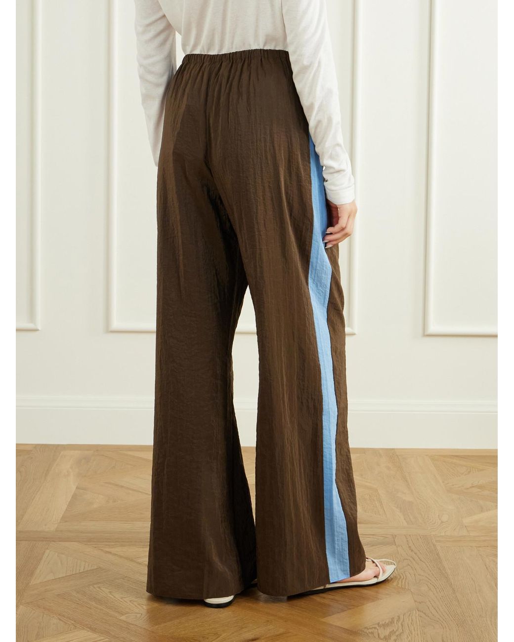 La Ligne Brown Colby Striped Recycled Crinkled-Shell Wide-Leg Pants