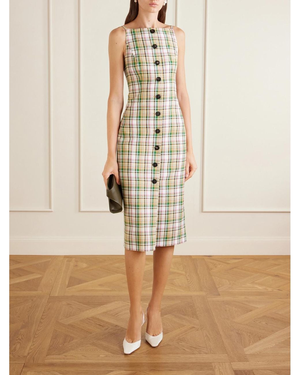 Carolina Herrera White Checked Woven Midi Dress