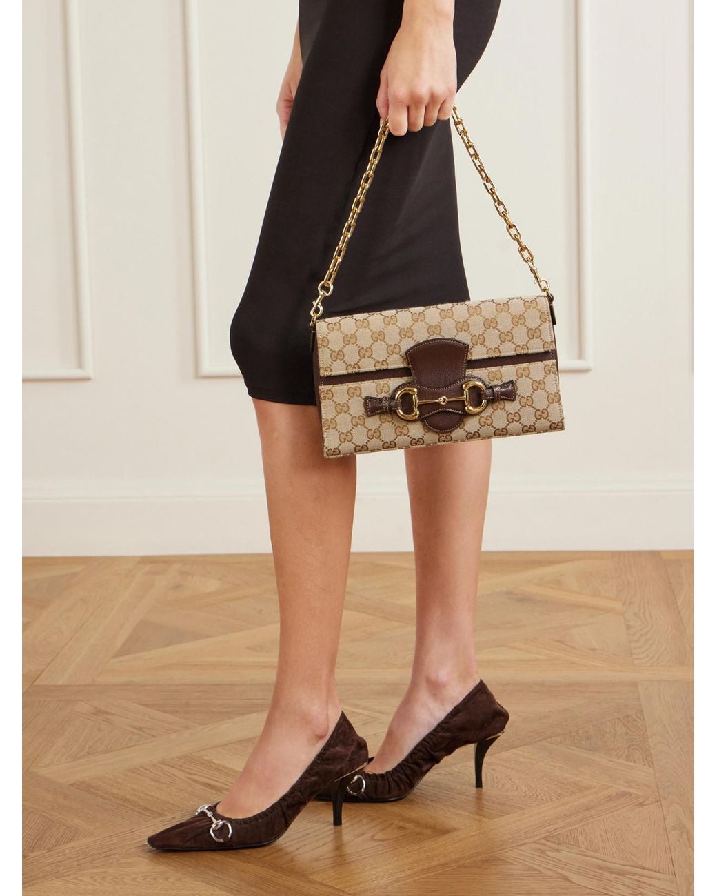 Gucci Natural Horsebit Ristretto Leather-Trimmed Canvas-Jacquard Shoulder Bag