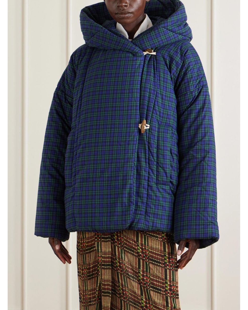 Dries Van Noten Blue Hooded Checked Padded Cotton-Flannel Jacket