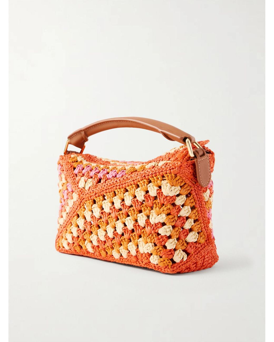Loewe Orange Paula's Ibiza Puzzle Edge Mini Leather-Trimmed Crocheted Raffia Shoulder Bag