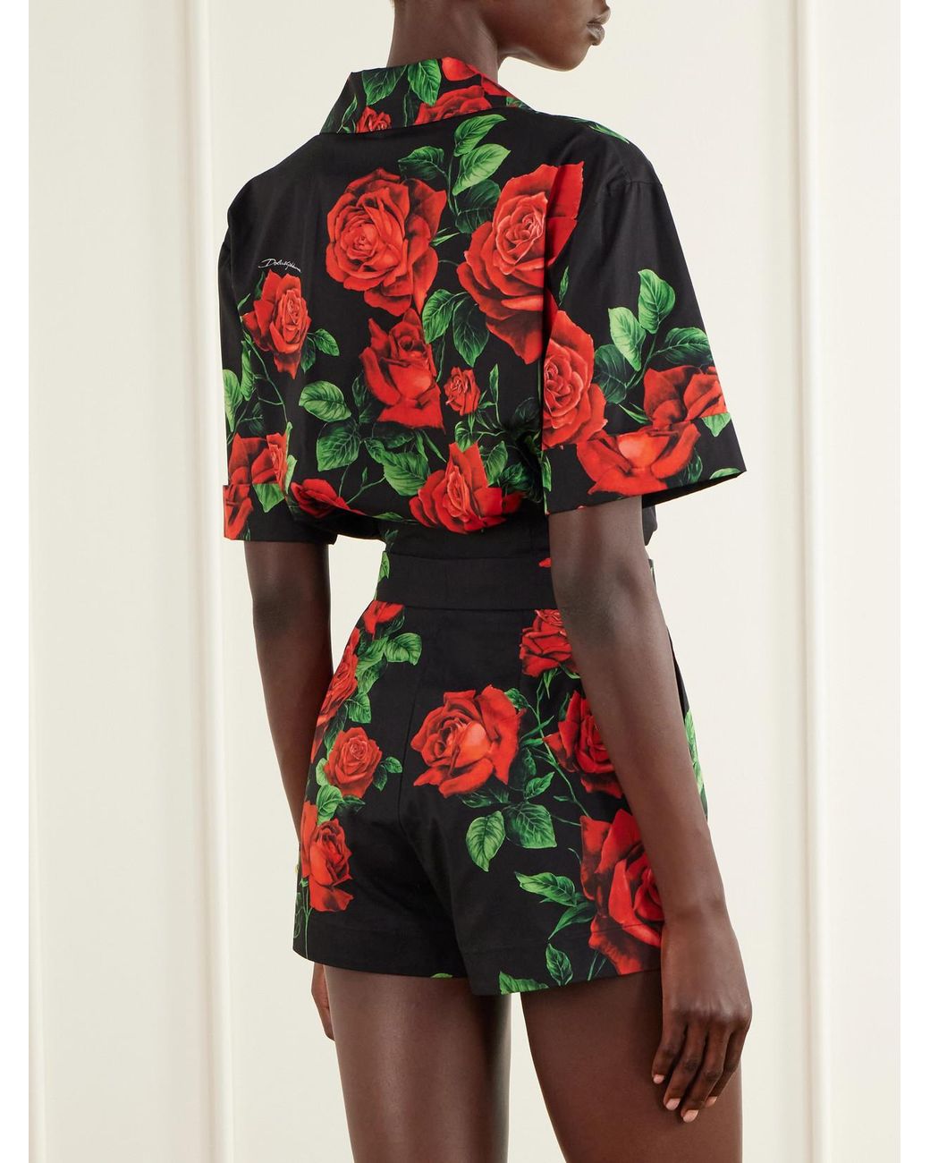 Dolce & Gabbana Red Tie-Detailed Floral-Printed Cotton-Poplin Cropped Shirt