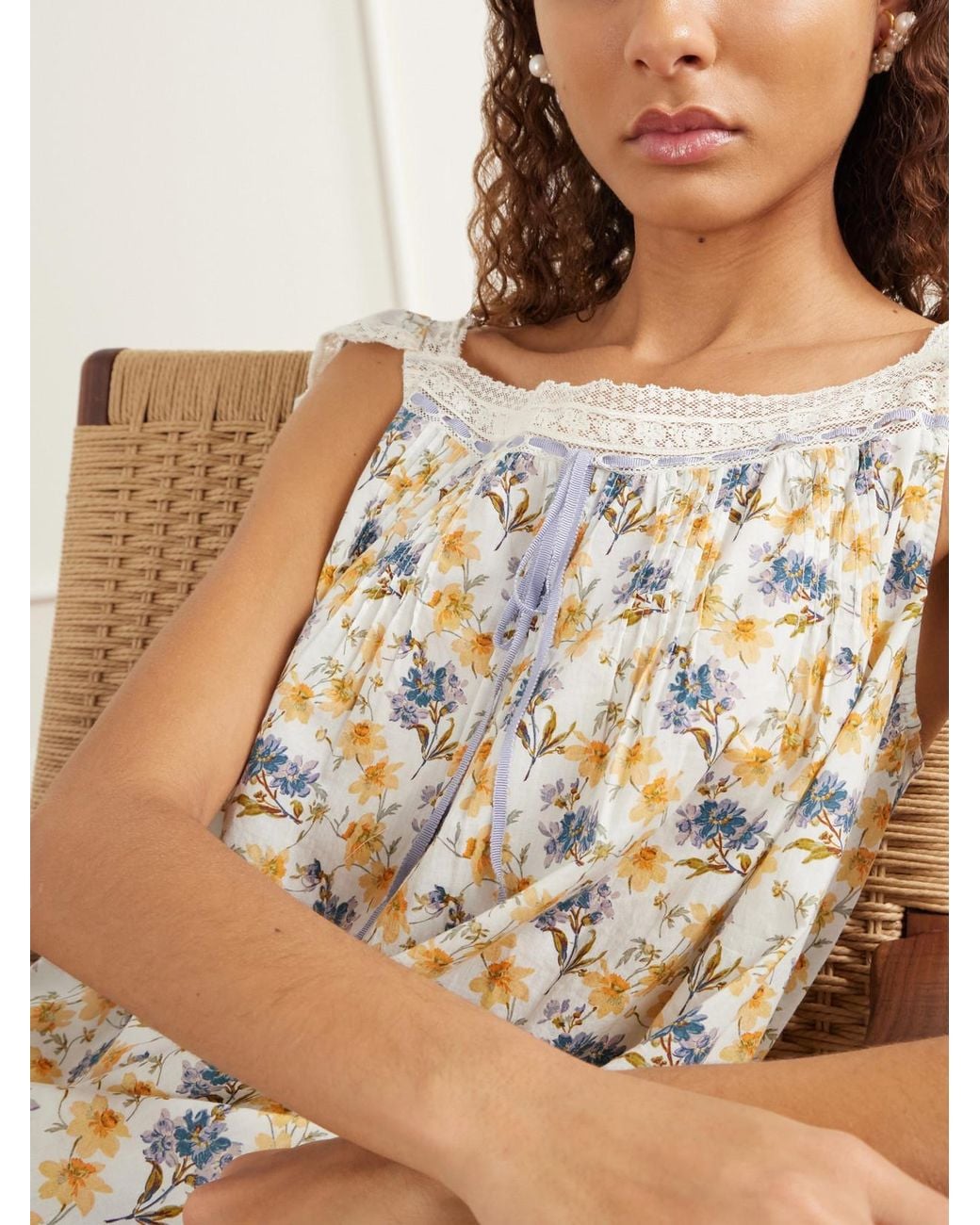 Doen White Sirona Tie-Detailed Floral-Print Lace-Trimmed Organic Cotton-Voile Mini Dress