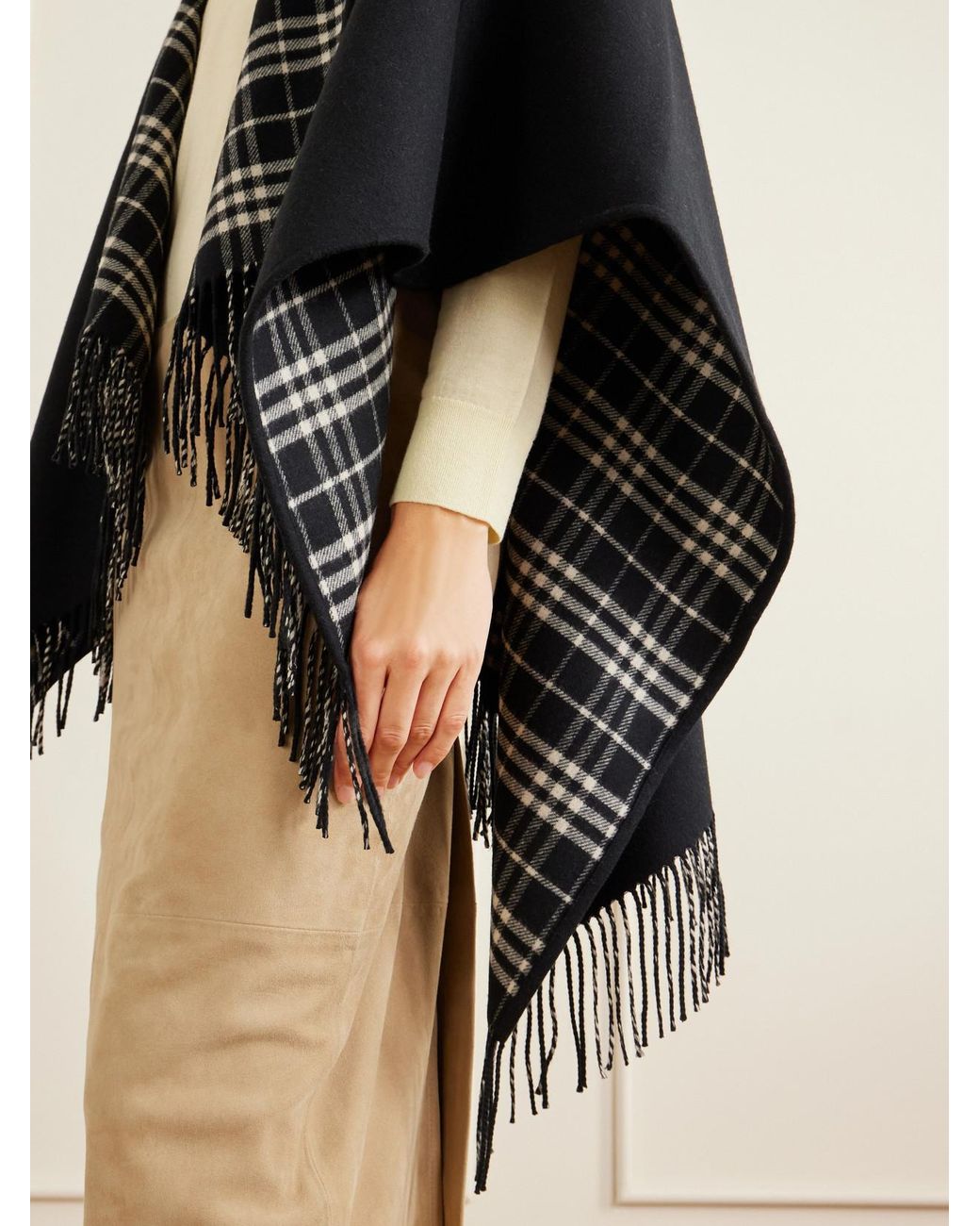 Burberry Blue Reversible Fringed Checked Wool Cape