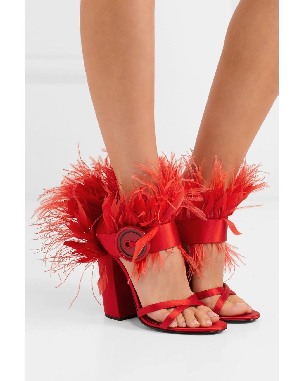 Prada Feather-trimmed Satin Sandals in Red | Lyst