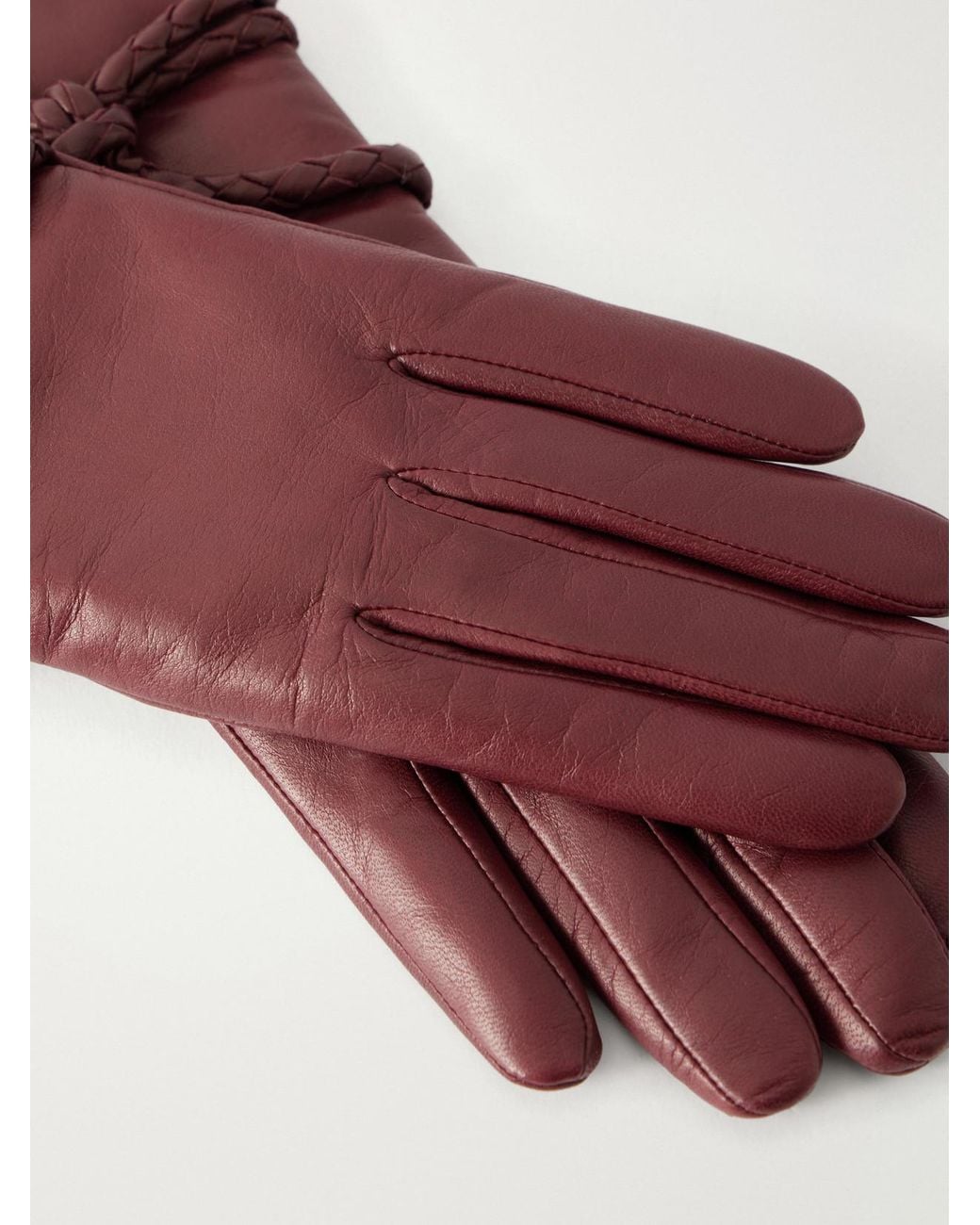 Agnelle Red Prune Braid-Detailed Leather Gloves