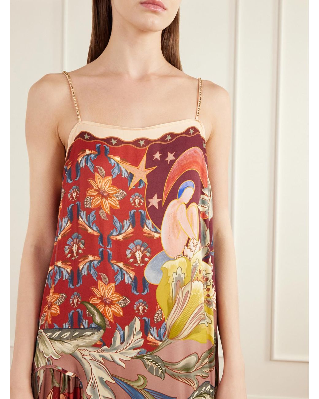 Farm Rio White Lunar Boho Bead-Embellished Gathered Printed Satin Midi Dress