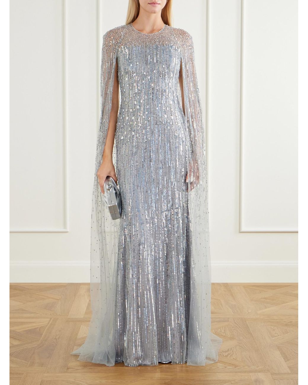 Jenny Packham White Cosmic Dust Sequin-Embellished Gown