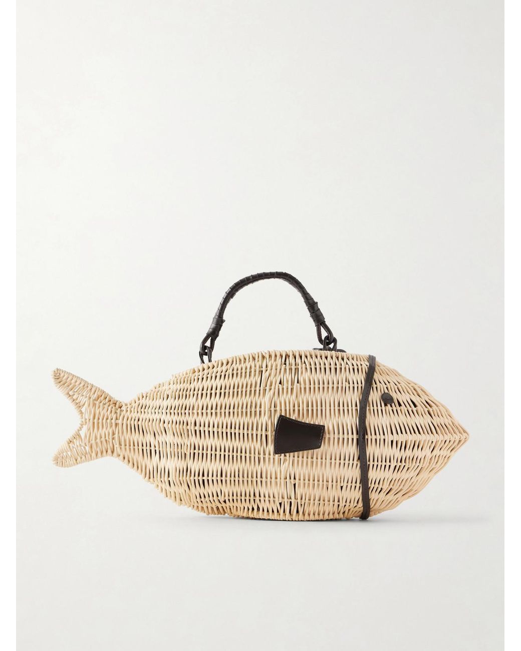 Staud Natural Cleo Fish Mini Leather-Trimmed Raffia Tote