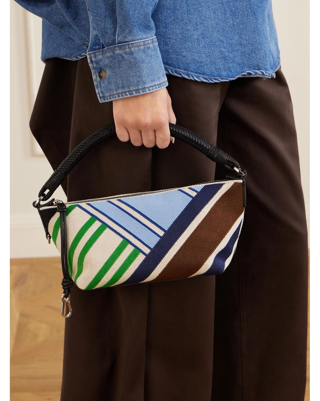 Loewe Blue Cala Bayadere Leather-Trimmed Paneled Striped Canvas Shoulder Bag