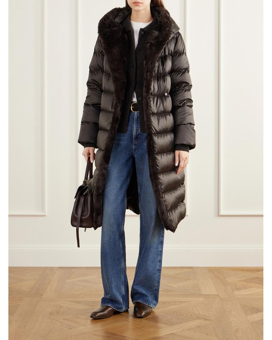 Max Mara Gray Medusa Hooded Belted Quilted Plush-Trimmed Shell Down Coat