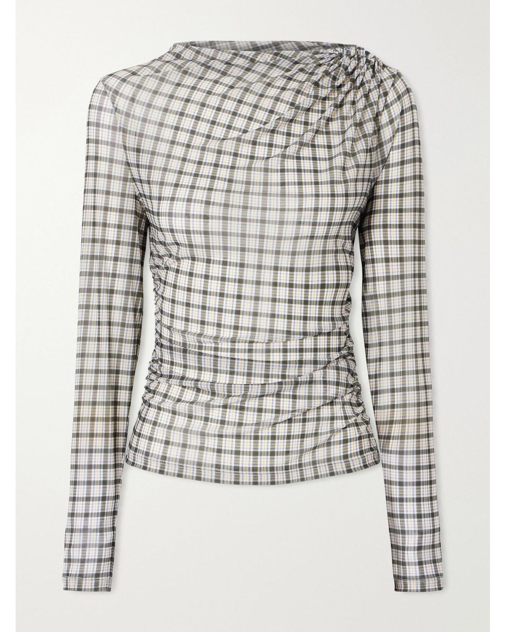 Veronica Beard White Nuvina Gathered Checked Stretch-Mesh Blouse