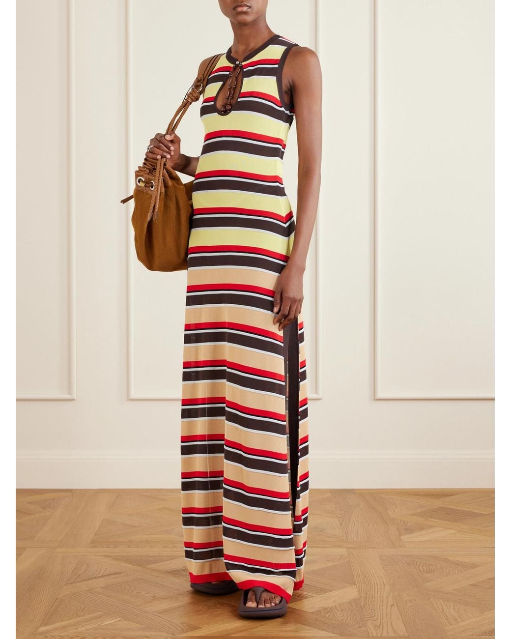 Rabanne White Bead-Embellished Striped Knitted Maxi Dress