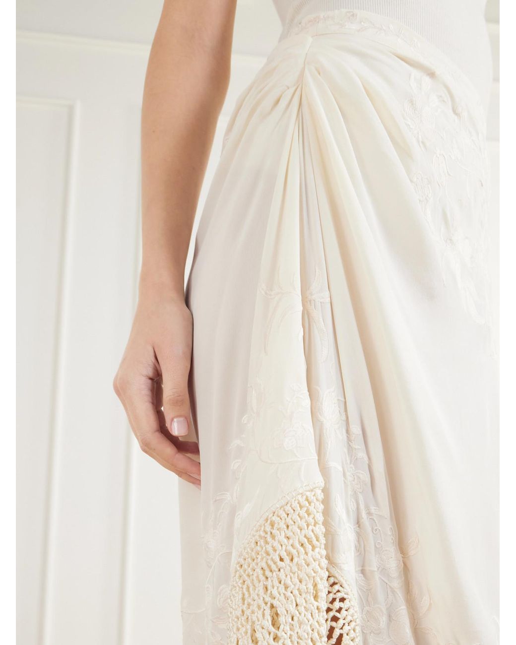 Ulla Johnson White Lark Fringed Embroidered Silk-Crepe De Chin Midi Skirt