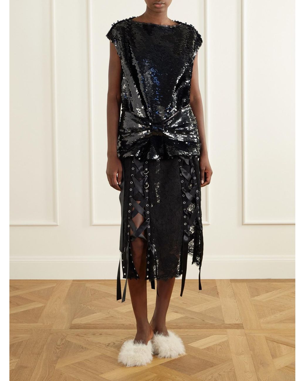 Simone Rocha Black Bow-Detail Sequin-Embellished Mesh Blouse