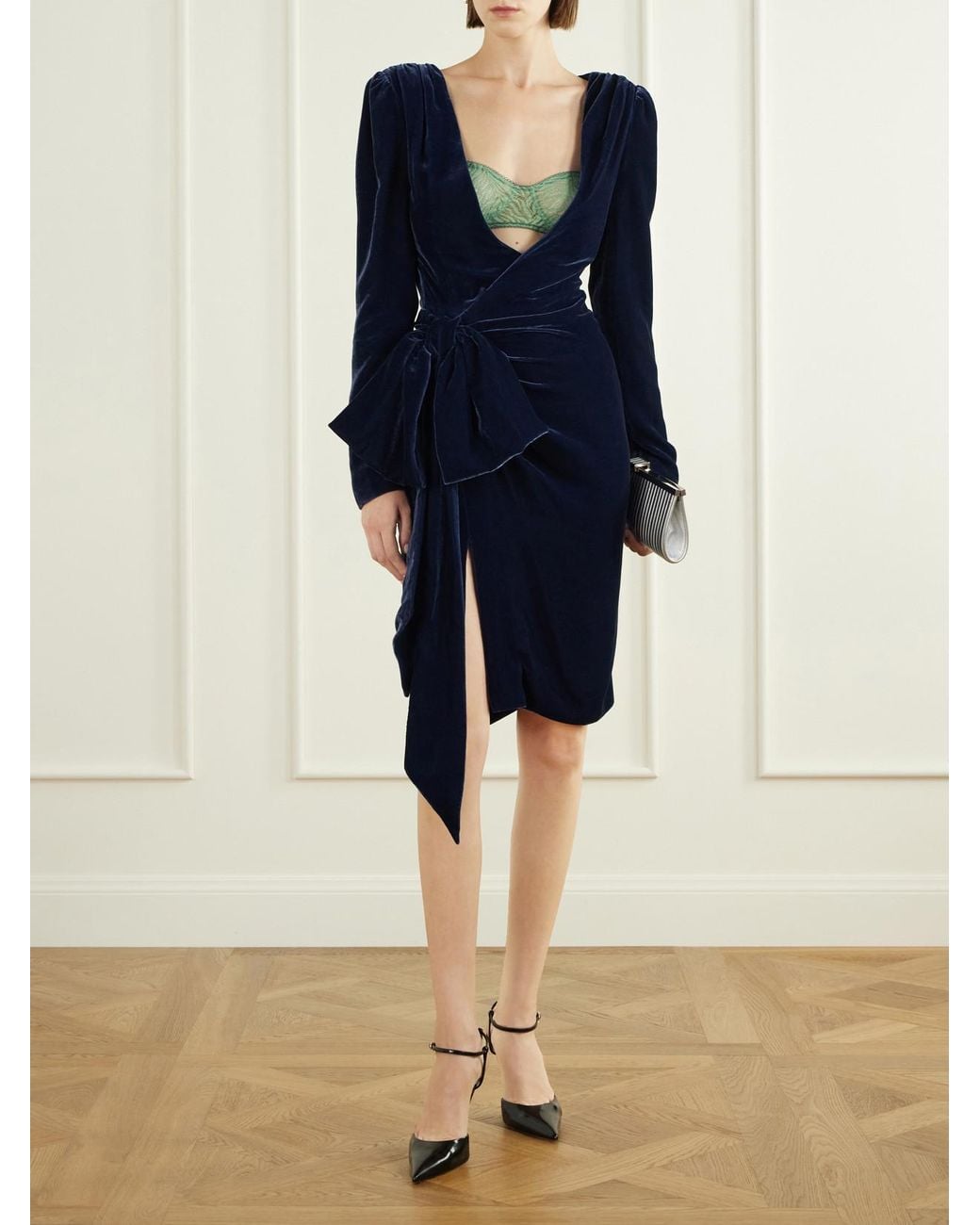 Balmain Blue Bow-Detailed Velvet Midi Dress