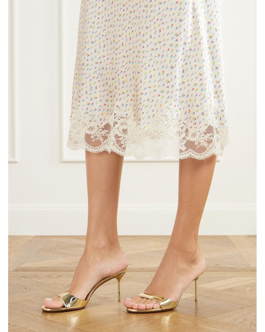 Rabanne White Floral-Print Lace-Trimmed Silk-Satin Midi Skirt